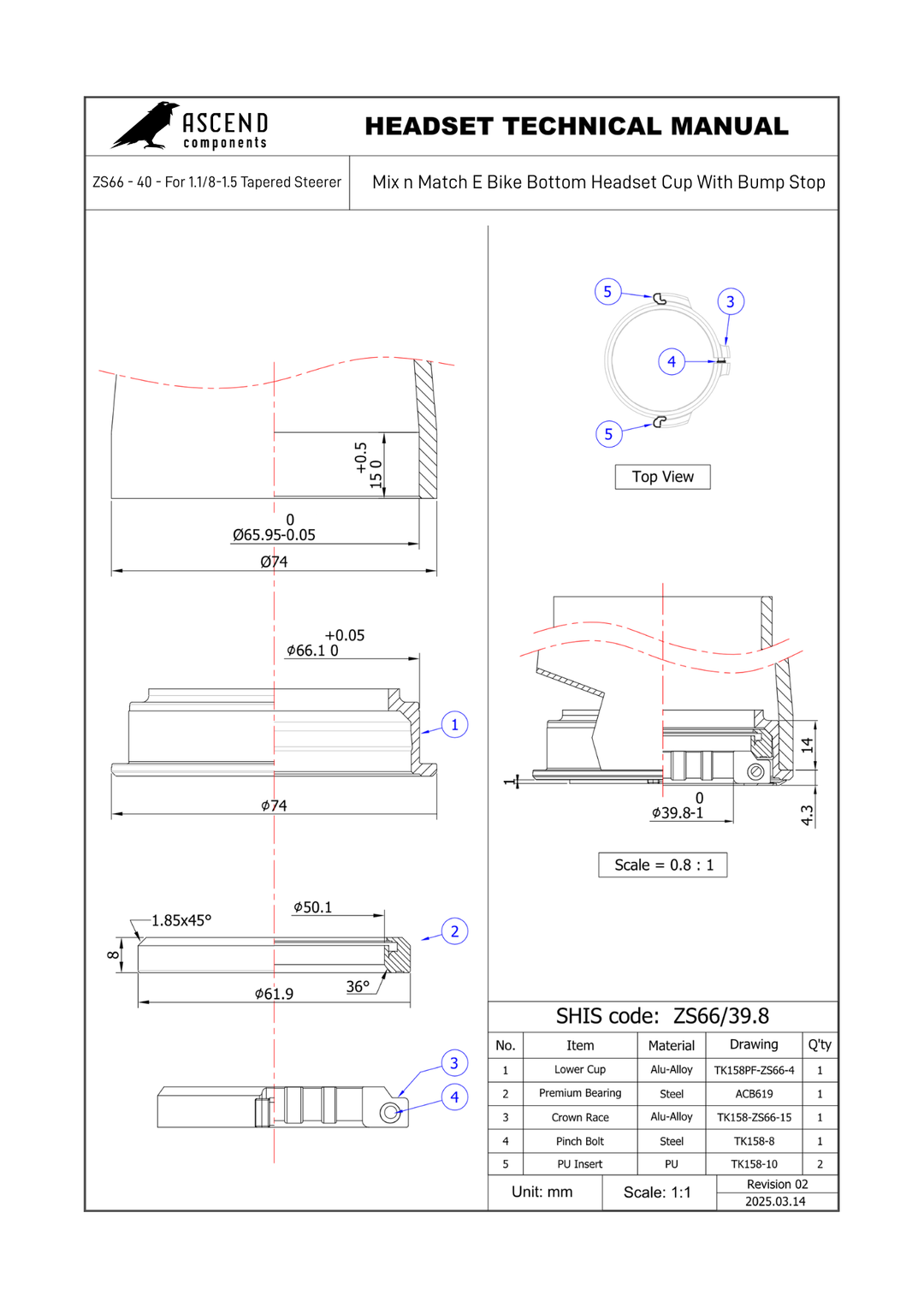 Mix n Match E Bike Bottom Headset Cup With Bump Stop ZS66 - 40 - For 1.1/8-1.5 Tapered Steerer
