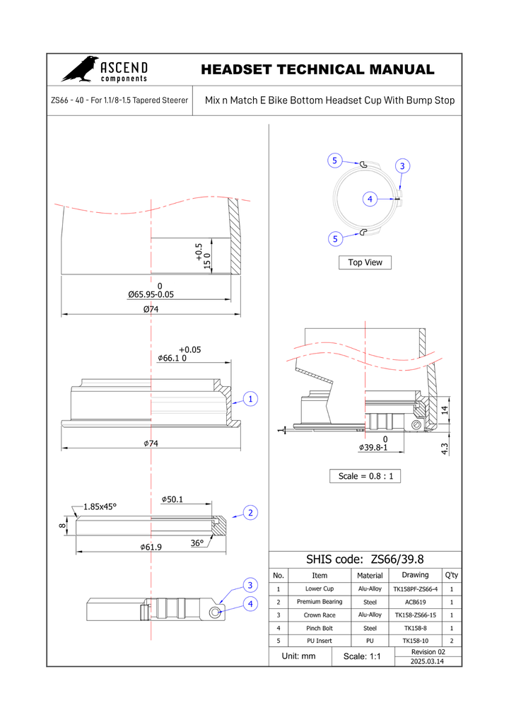 Mix n Match E Bike Bottom Headset Cup With Bump Stop ZS66 - 40 - For 1.1/8-1.5 Tapered Steerer