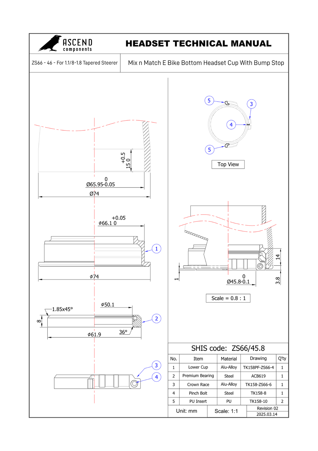 Mix n Match E Bike Bottom Headset Cup With Bump Stop ZS66 - 46 - For 1.1/8-1.8 Tapered Steerer