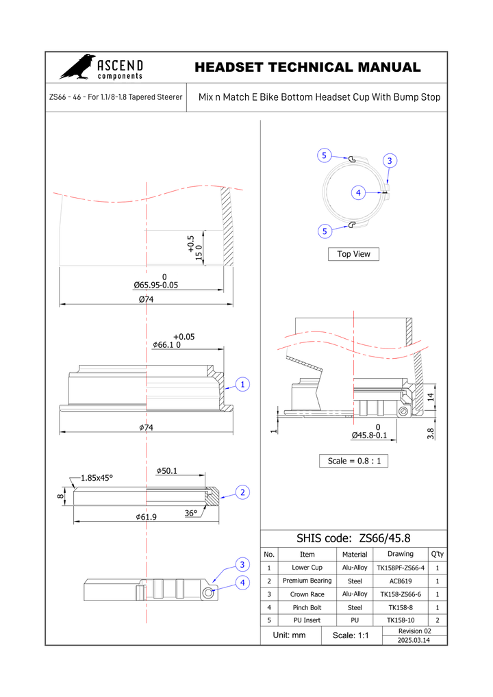 Mix n Match E Bike Bottom Headset Cup With Bump Stop ZS66 - 46 - For 1.1/8-1.8 Tapered Steerer