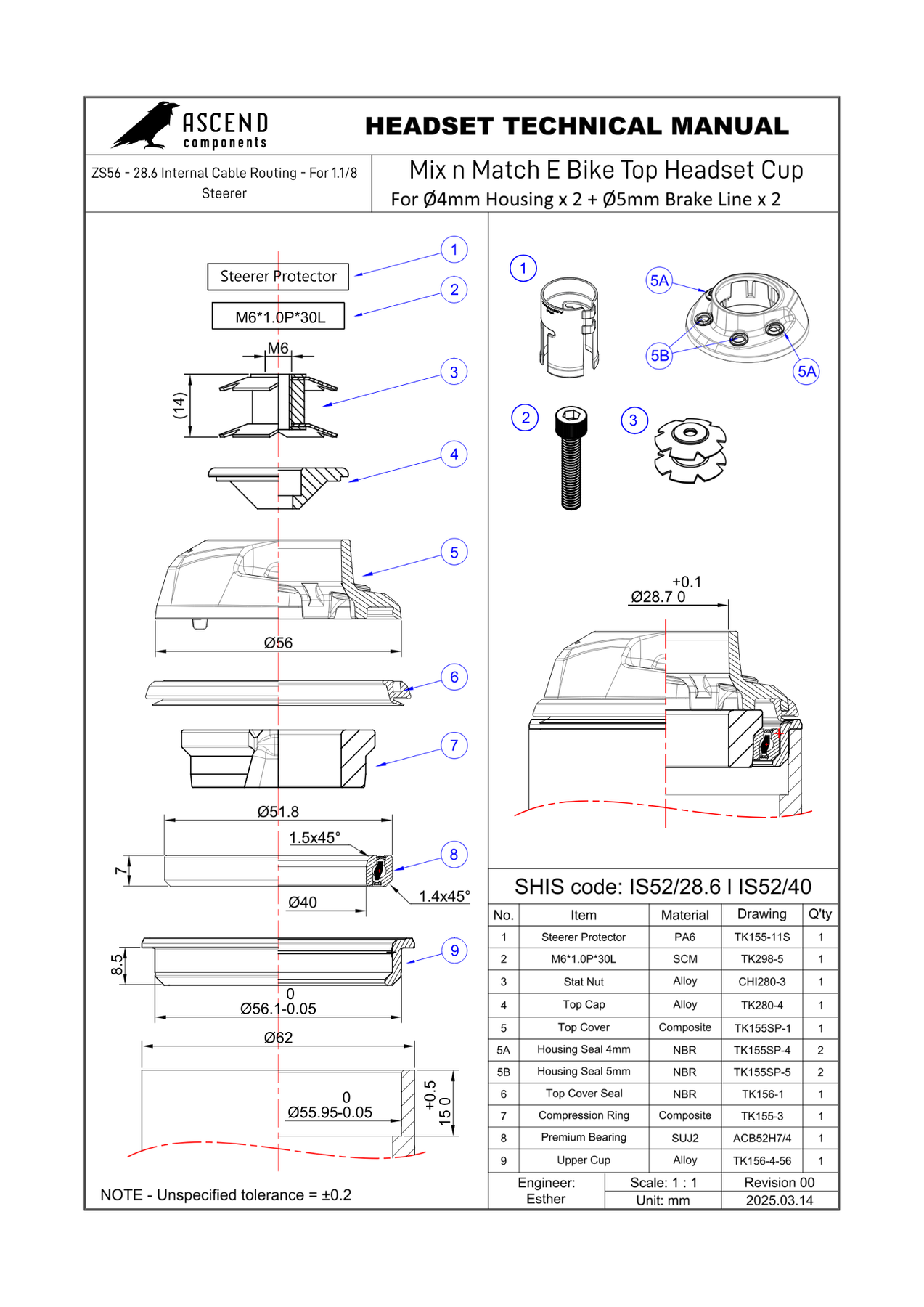 Mix n Match E Bike Top Headset Cup ZS56 - 28.6 Internal Cable Routing ...