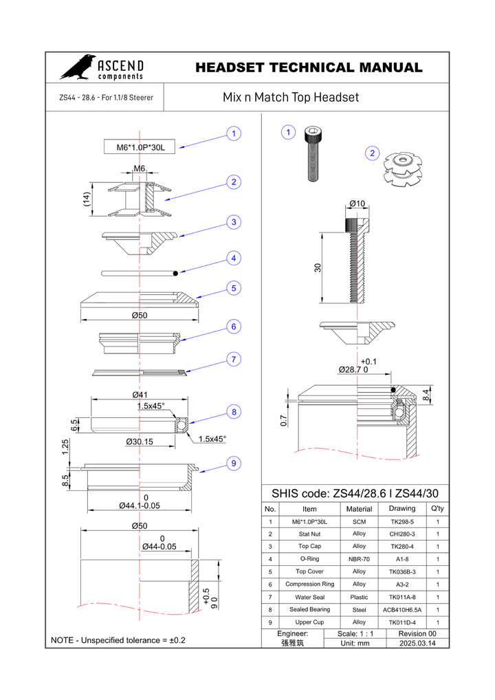 Mix n Match Top Headset Cup ZS44 - 28.6 - For 1.1/8 Steerer